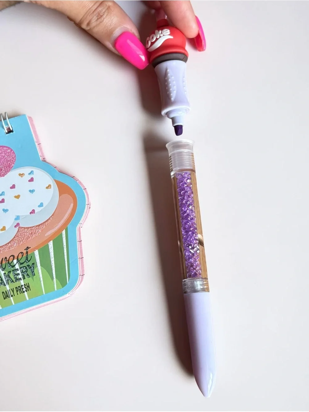 Cute Popcorn & Cupcake Mini Notepads with Pink Glitter Pens